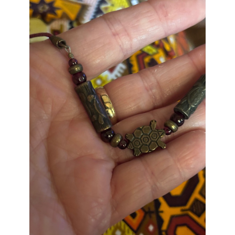Vintage Boho Brass Turtle Bead Burgundy Cord Necklace Garnet Red Accents